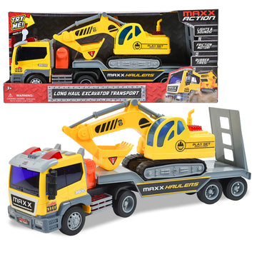 Maxx Action 17” Vehicle Transport Playset with Excavator, Bright Lights & Sounds, Friction Powered, Yellow Construction Truck for Kids