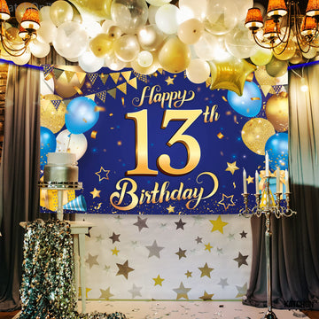 Katchon, Xtralarge Blue And Gold Happy 13Th Birthday Banner - 72X44 Inch | Blue Happy 13Th Birthday Backdrop, 13Th Birthday Decorations For Boys | Blue And Gold 13Th Birthday Party Decorations Boy