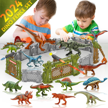 Oriate Jurassic Dinosaur Toys Catch N Run Fighting Playset, 32 Pcs Include Big T-Rex & Carnotaurus 12 Mini Dinosaur Figures 6 Fences 1 Egg Play Sets, Dinosaur Toys For Kids 2-4 3-5