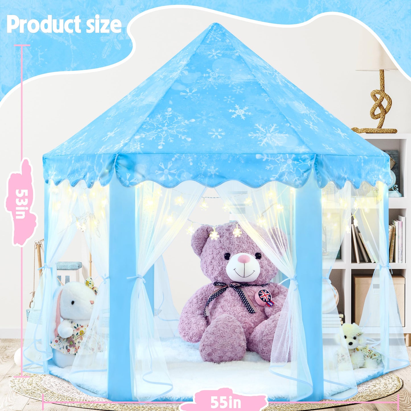 Evoionos Frozen Princess Tent For Girls, Kids Play Tent With Snowflake Lights, Castle Playhouse For Children Indoor Outdoor Game