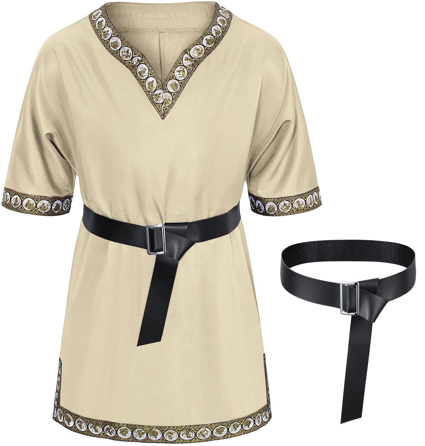 Kids Medieval Costume Boys Viking Tunic Knight Warrior Renaissance Shirts With Belt 8-10 Years Beige