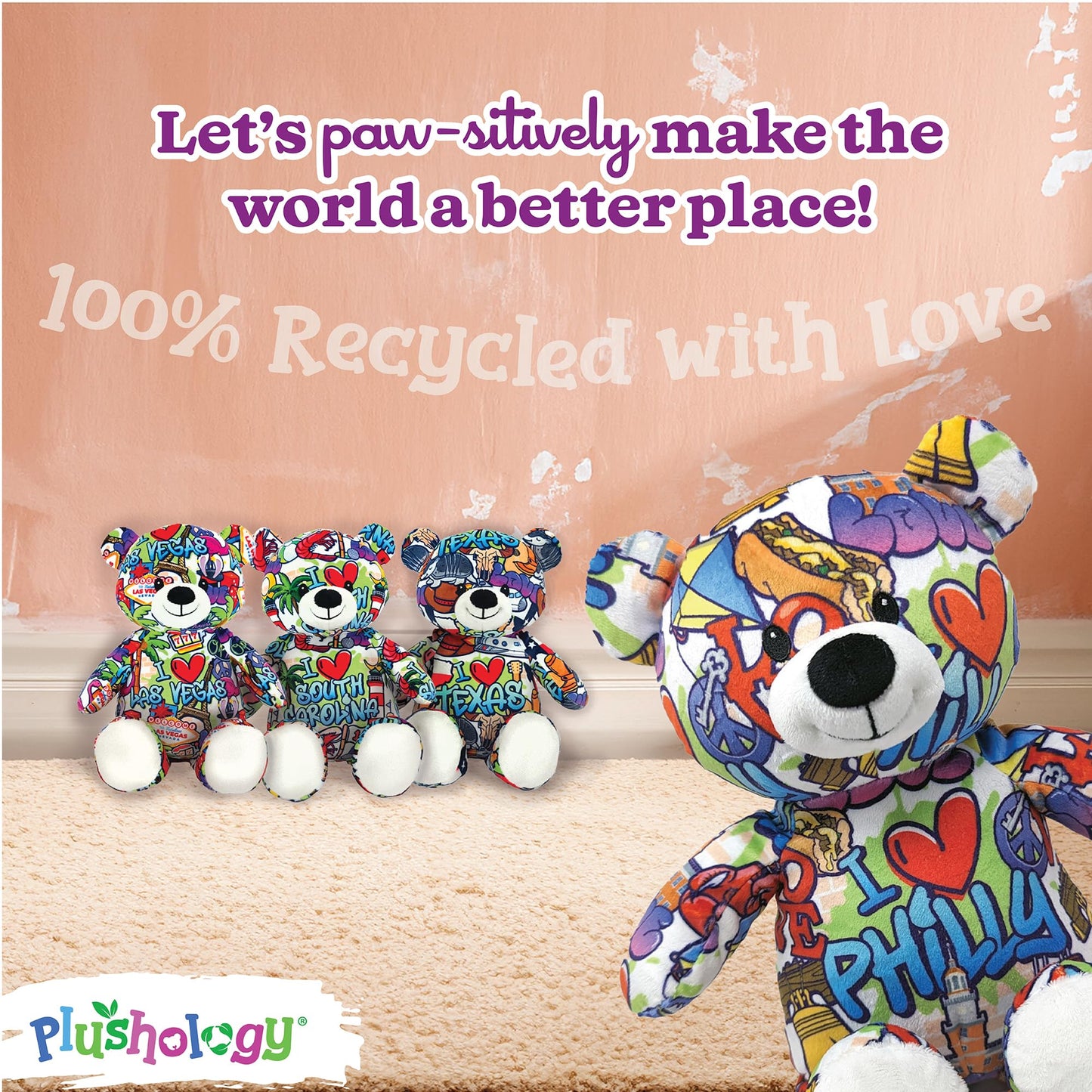 PLUSHOLOGY I Love Philadelphia Graffiti Teddy Bear Eco Friendly Stuffed Animal; Cuddly Soft Velboa Plush Animal for Kids 3 Years Old to mature-themeds; Child-Safe Embroidered Eyes (10 Tall When Seated)