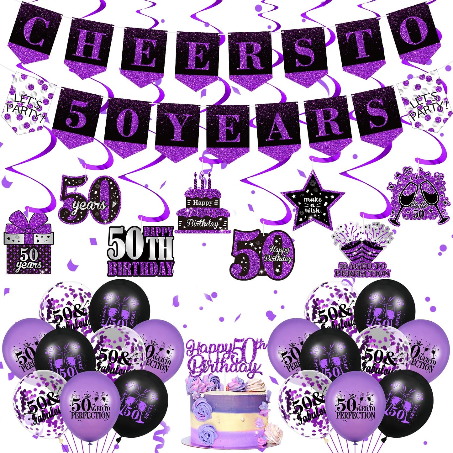 Purple 50Th Birthday Decorations For Women Men Purple Black 50Th Birthday Banner Hanging Swirls 50Th Birthday Balloons Happy 50Th Birthday Cake Topper For Purple Cheer To 50 Years Party Supplies