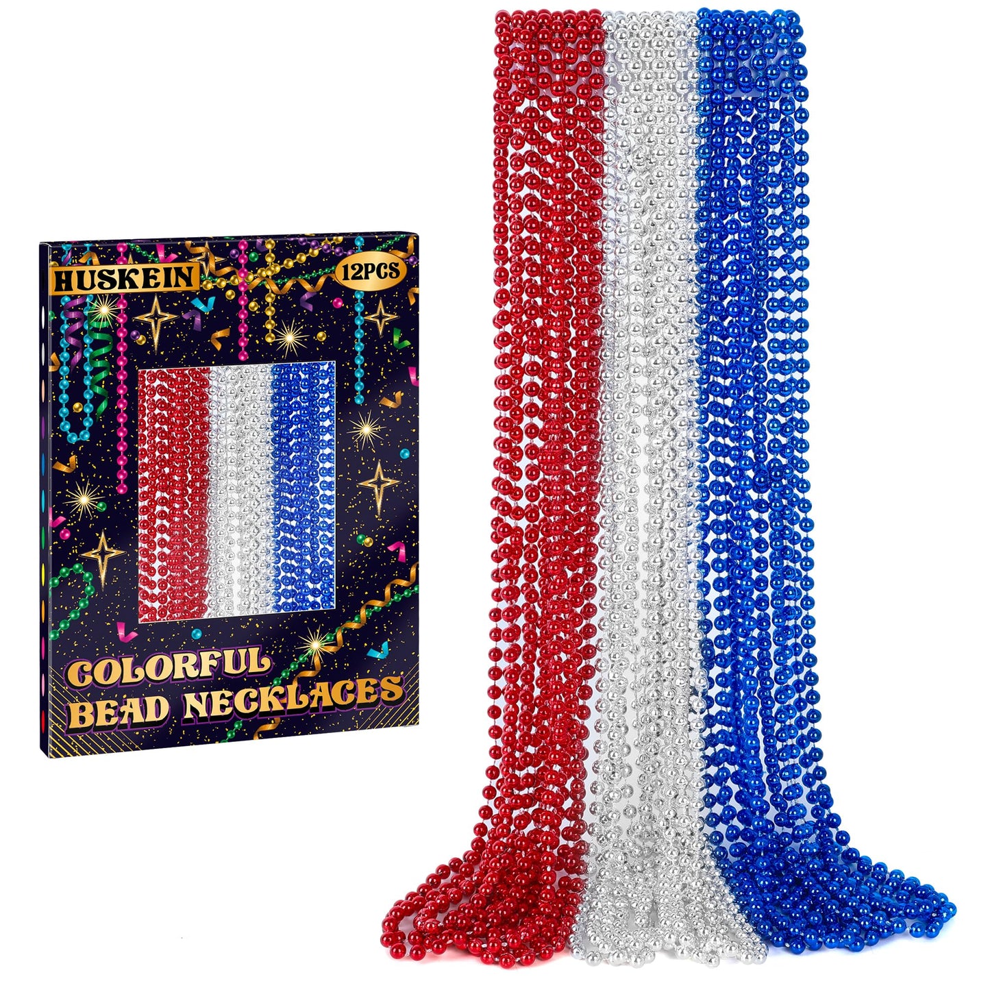 Huskein 12 Pcs 4Th Of July Beads Necklaces, 33'' Red Silver Blue Beaded Necklaces Bulk, Patriotic Round Beads, Independence Day
