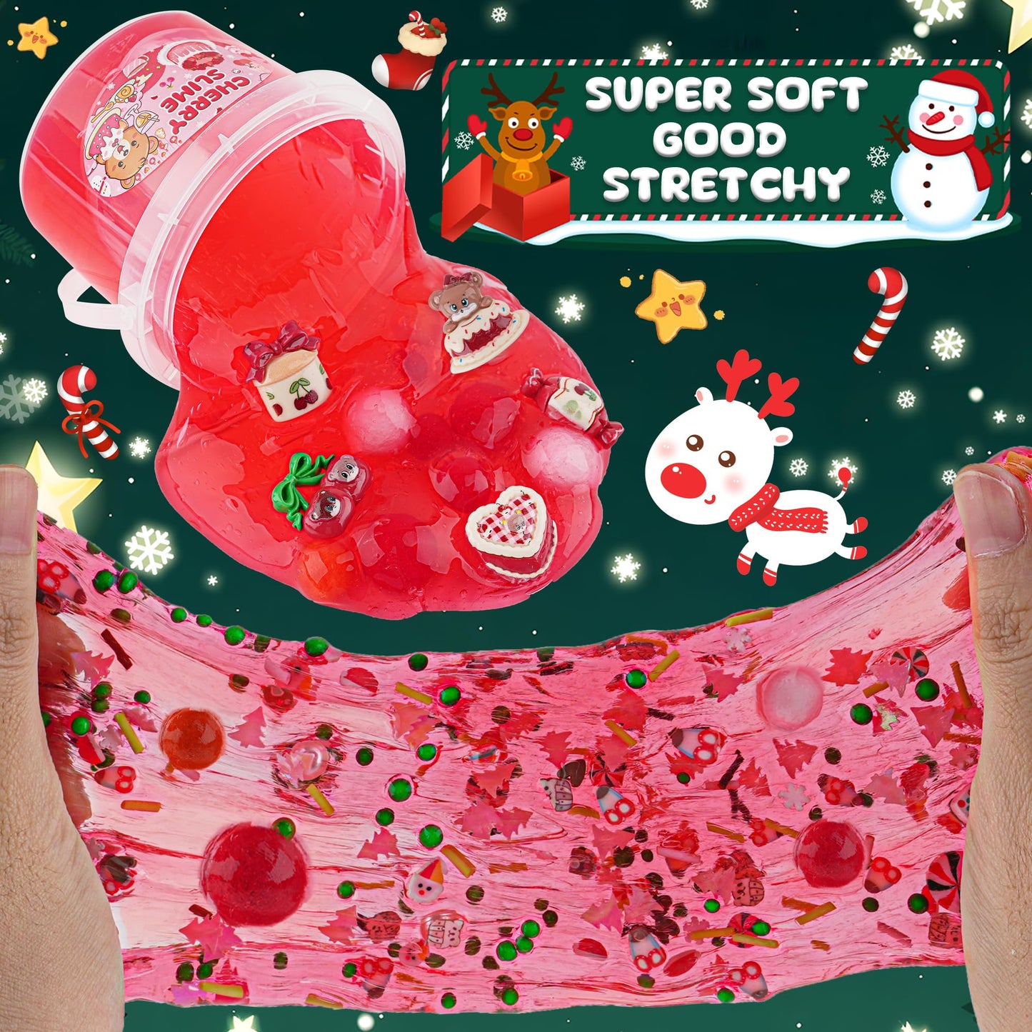 Cherry Red Christmas Slime Kit, Clear Slime Bucket With Slime Clay, 10 Packs Of Add-Ins, Slime Party Favors For Kids, Birthday E