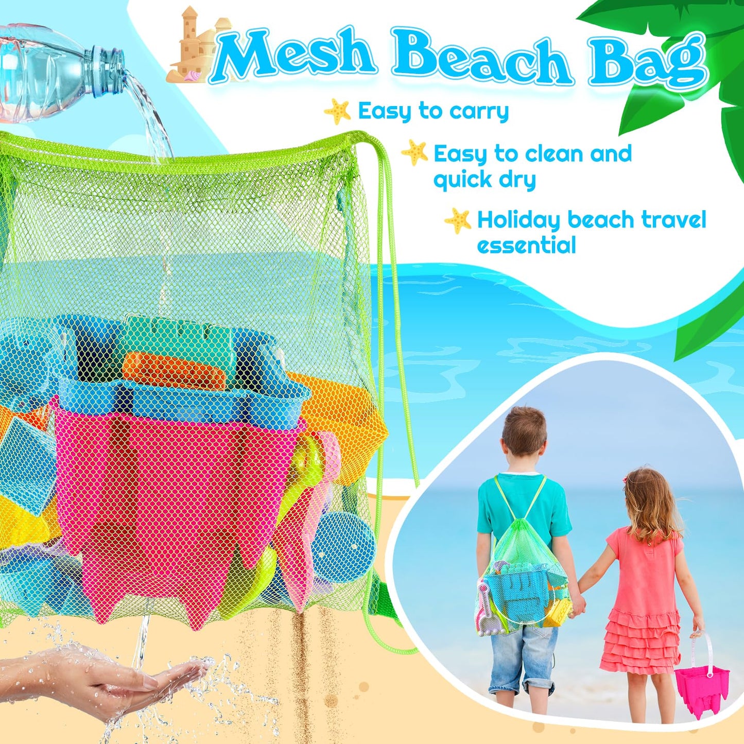 FUSPWEAO Beach Toys Sand Toys for Kids, Sand Castle Toys for Beach with 2 Sand Castle Bucket and Mesh Bag, Sand Molds, Shovels a