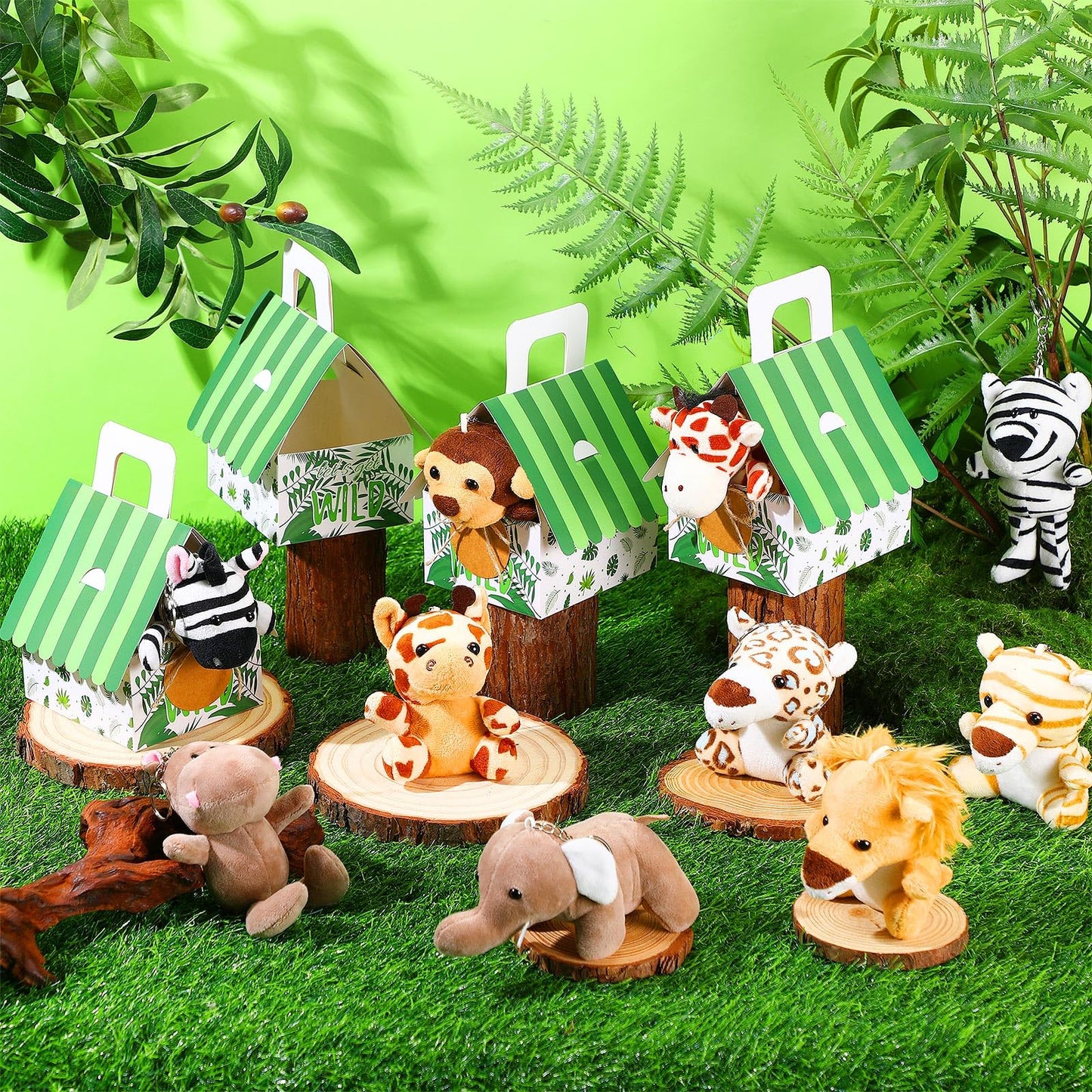 Spakon 88 Pcs Wildlife Party Favors for Boys and Girls Includes 18 Sets Mini Wild Animal Stuffed Animals Plush Keychains Party G