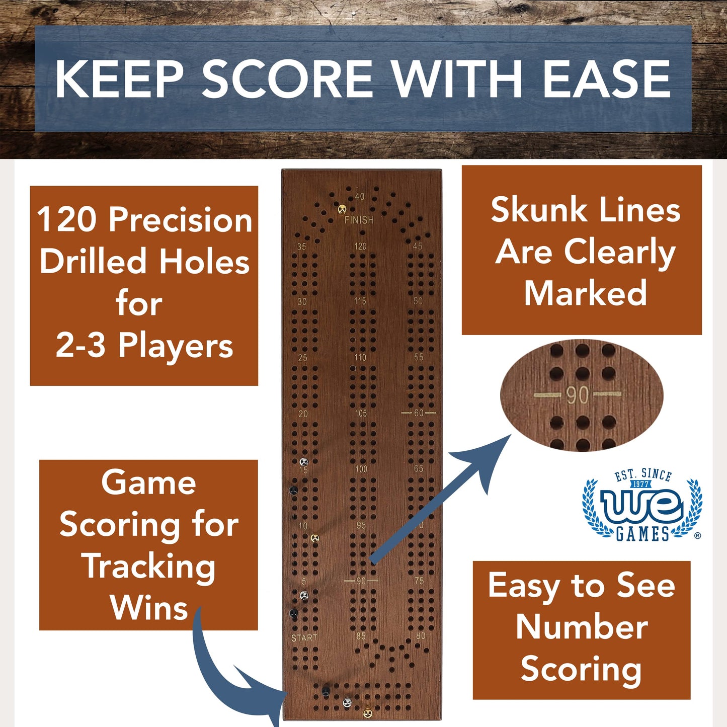 We Games Cribbage Board With Pegs - Cribbage Set Of Playing Cards & 9 Metal Pegs - Fun Family Game Night - Travel Cribbage Board, Walnut Stained