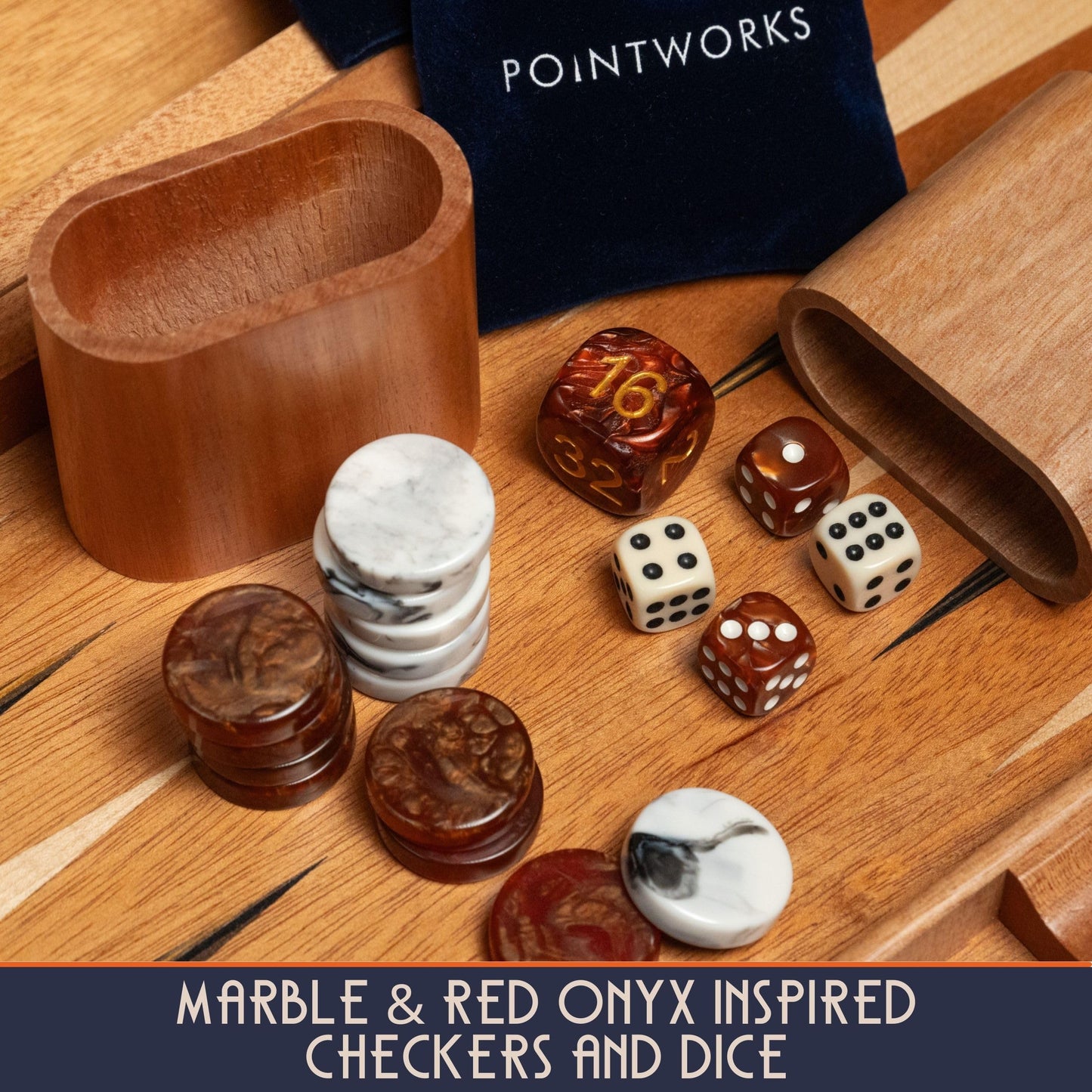 Pointworks Backgammon Set - 17 Inch Wooden Board Game for 2 Players, Travel Size, Brown Inlaid Checkers & Dice