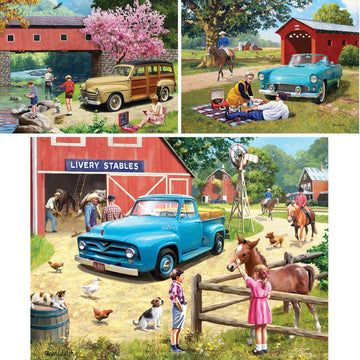 Bits And Pieces - Value Set Of Three (3) 500 Piece Jigsaw Puzzles For Adults - Puzzles Measure 18'X24' - 500 Pc Our Favorite Spot, T Bird Summer, A Stop At The Stables Jigsaws By Artist Kevin Walsh