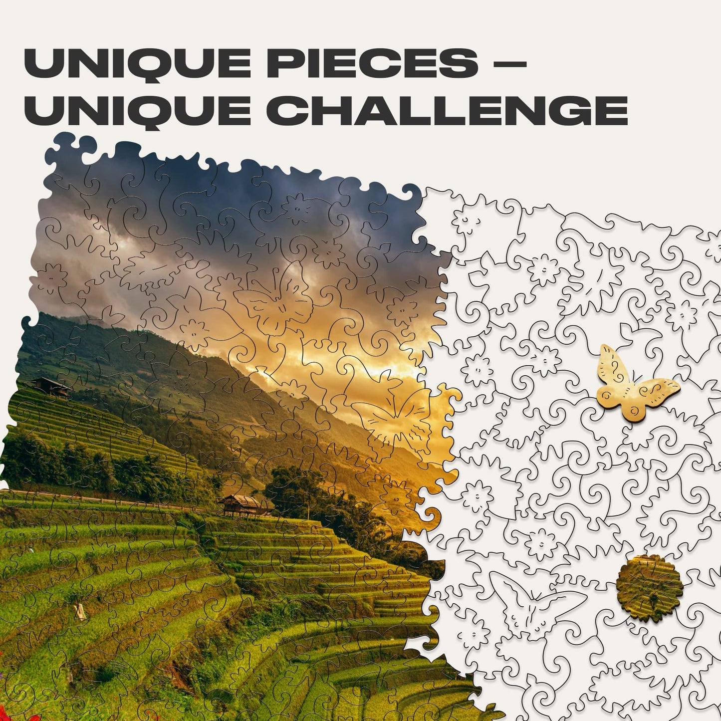 Unidragon Original Wooden Jigsaw Puzzles - Nature Rice Fields, 250 Pcs, Medium 12.2'X9', Beautiful Gift Package, Unique Shape Best Gift For Adults And Kids