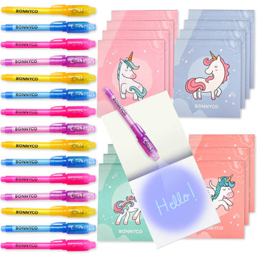 Bonnyco Invisible Ink Pen And Notebook Pack Of 16 Unicorn Party Favors For Kids | Spy Pen Unicorn Birthday Party Supplies, Prizes For Kids | Magic Pen Prizes For Students