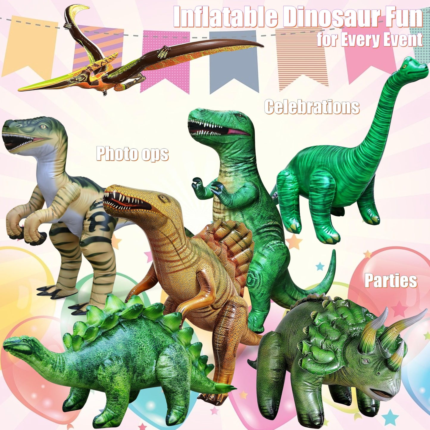 Jet Creations 7-PK Inflatable Dinosaurs, T-Rex(37), Brachiosaurus(28), Triceratops(20), Stegosaurus(20), Raptor(30), Pteranodon(