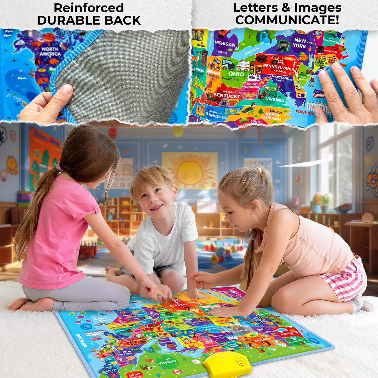 Quokka Educational Toys For Kids 5-7 Year Old - Usa World Maps Learning Wall Chart For Toddlers Age 3 4 6+ - Interactive Speech Therapy Poster Boy Girl - Autism Game 8-10-12