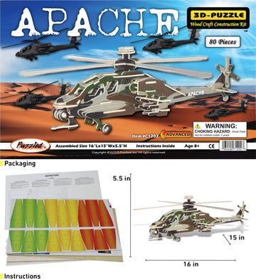 Puzzled 3D Puzzle Apache Helicopter Wood Craft Construction Model Kit, Fun Unique & Educational Diy Wooden Toy Assemble Model Un