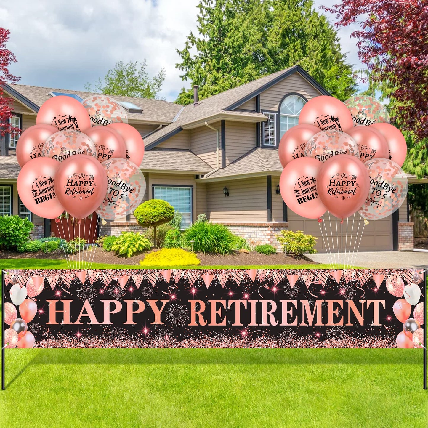 Happy Retirement Decorations For Women Large Rose Gold And Black Happy Retirement Banner Yard Sign With 18Pcs Rose Gold Retirement Balloons For Women Men Retirement Farewell Anniversary Party Supplies