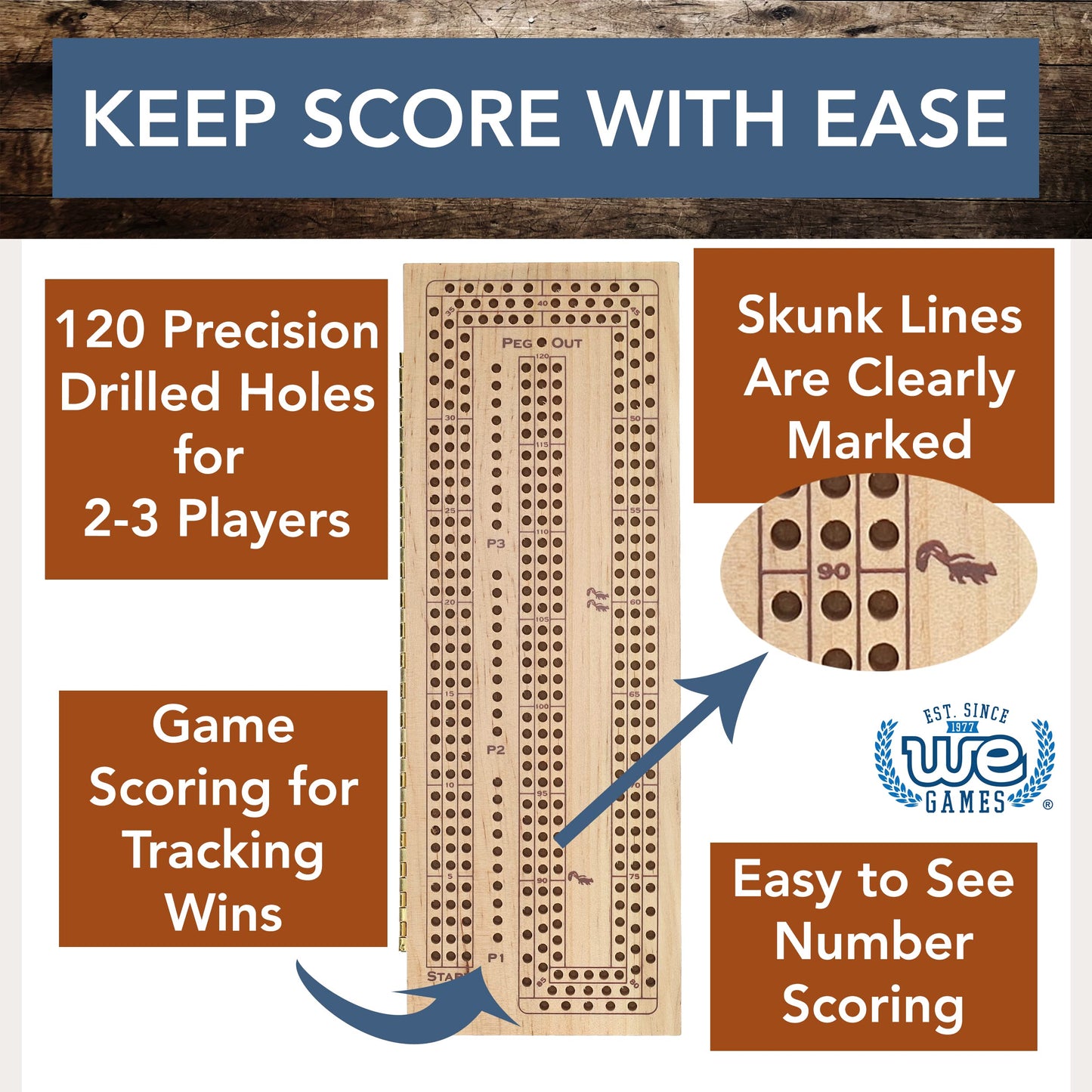 We Games 3 Player Wooden Cribbage Set - Easy Grip Pegs And 2 Decks Of Cards Inside Of Board - Natural Wood