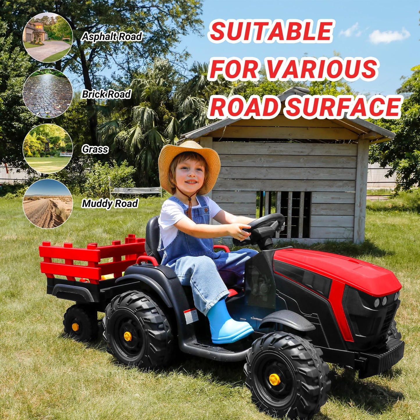 Elemara 24V 9Ah Kids Ride On Tractor With Easy Detachable Trailer, 400W Electric Vehicles, All-Terrain Capability, 24V Ride On Car For Big Kid, 3-Point Seat Belt For Ages 3+, Max 4.5 Mph, Music, Red