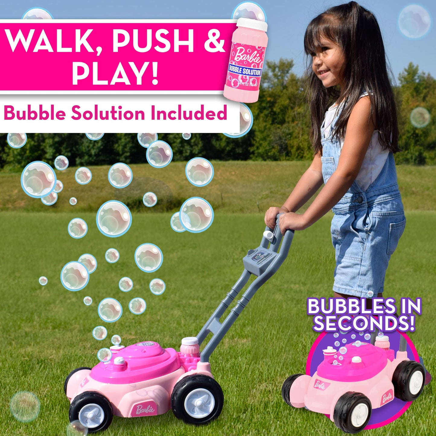 Barbie Bubble Lawn Mower for Toddlers, Bubble Blowing Machines, Indoor and Outdoor Gardening Toy, Birthday, Party Favor for Pres