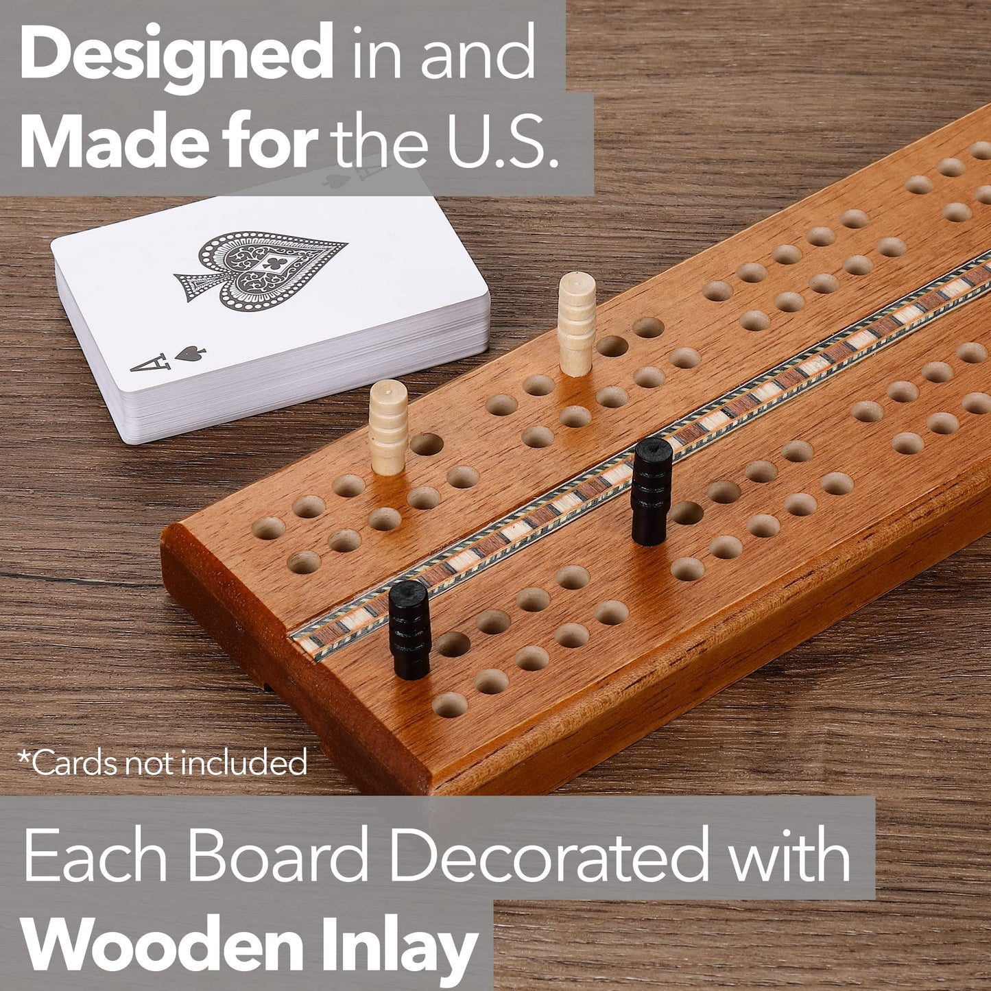 STERLING Extra Large Wooden Cribbage Board - 16" Double Track with Inlaid Design, Ideal for Seniors and Children
