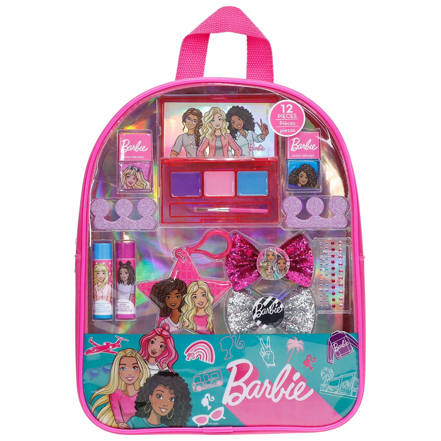 Barbie - Townley Girl Backpack Cosmetic Makeup Gift Bag Set 12 Pcs includes Lip Gloss, Nail Polish & Hair Accessories for Kids T