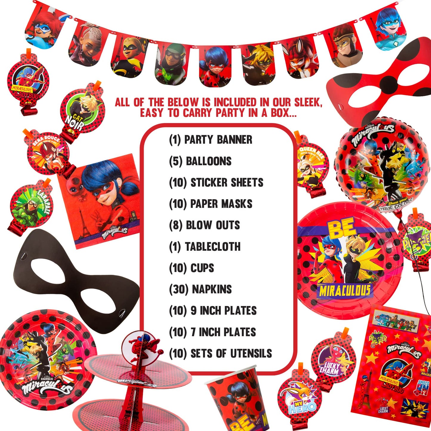 Miraculous Ladybug Party In A Box Kit - Celebration, Birthday Party, Toddlers– 100 Plus Pieces - Cat Noir - Party Supplies - Officially Licensed (Complete Kit)