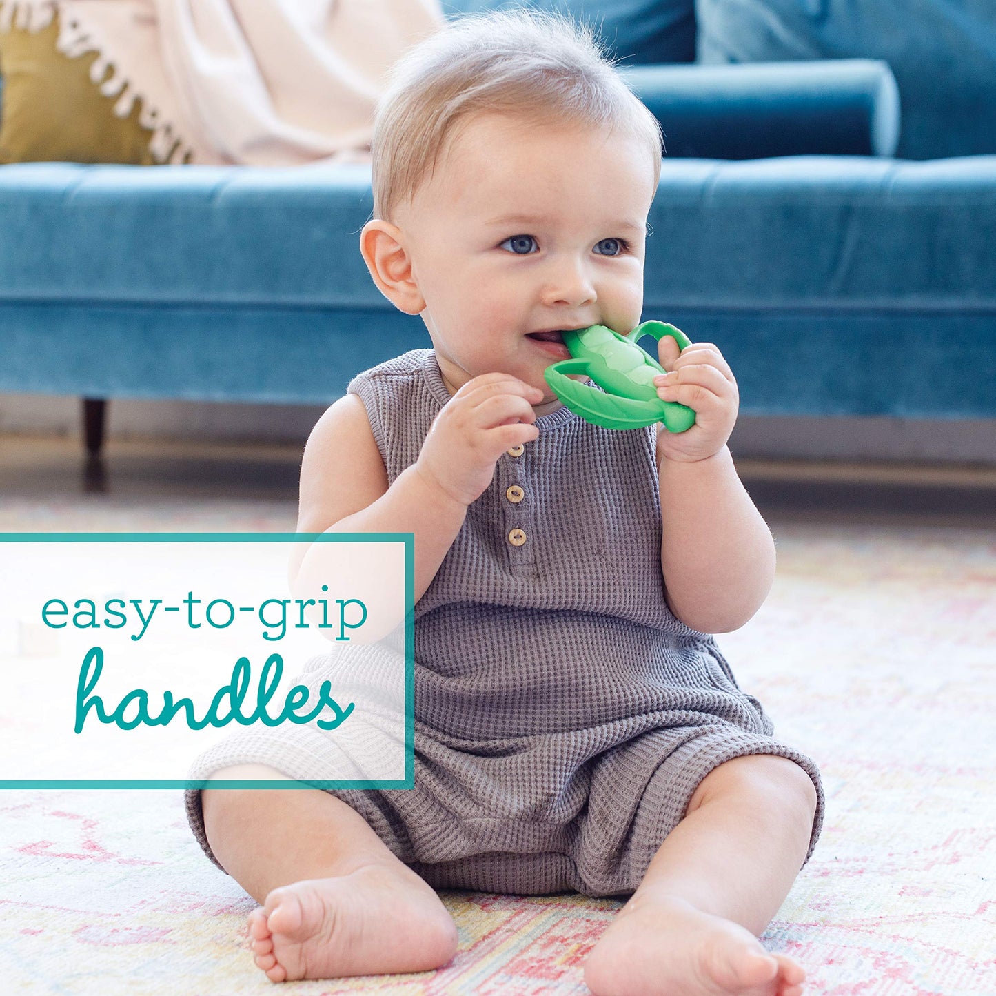 Infantino Lil' Nibbles Textured Silicone Teether -Sensory Exploration And Teething Relief With Easy To Hold Handles, Green Pea Pod