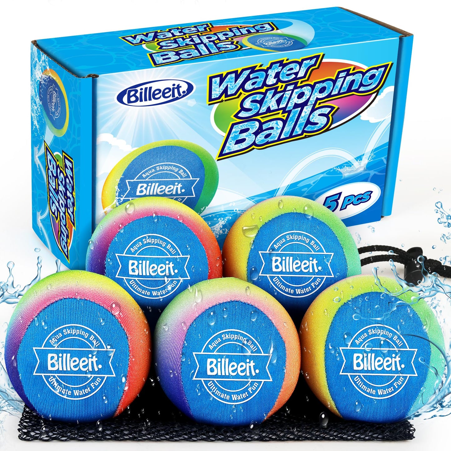 Billeeit 5Pcs Water Skipping Balls for Pool Play, Rainbow Color Splash Water Bouncing Balls with Portable Mesh Bag, Fun Beach To