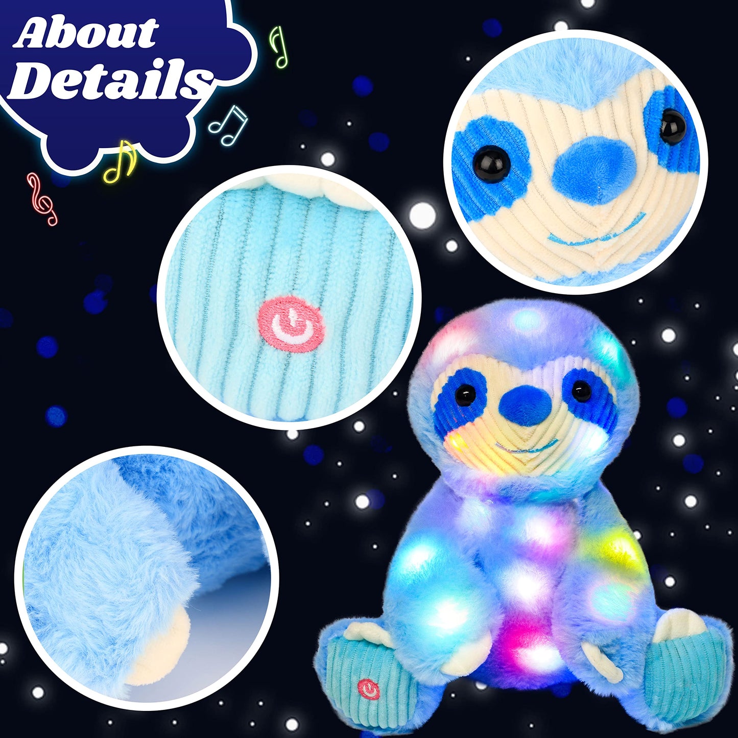 Cuteoy Blue Sloth LED Plush Toy - 10.5" Cotton Stuffed Animal Light-up Gift for Kids and Toddlers