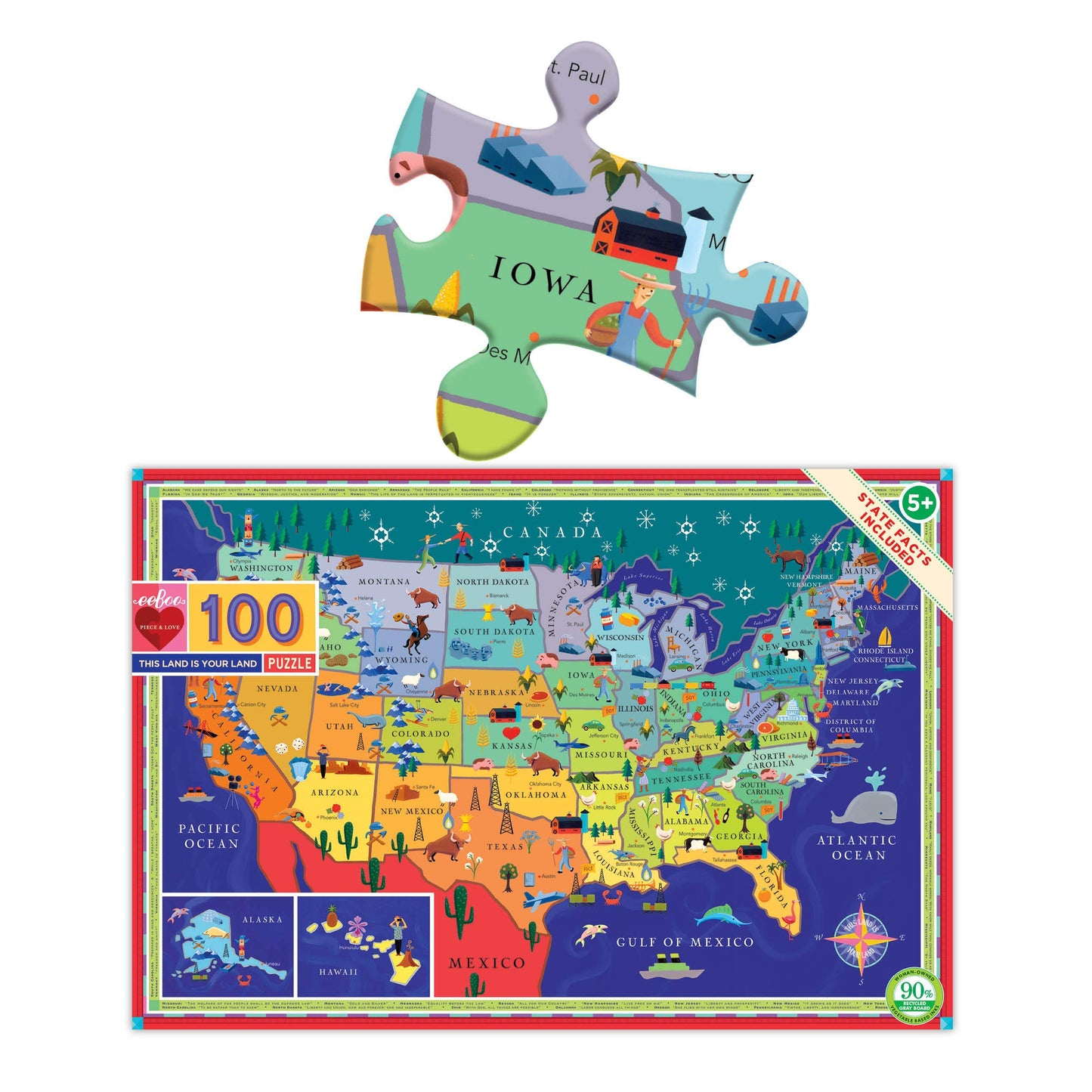 eeBoo: This Land is Your Land 100 Piece Puzzle Allows Children to Learn Key Industries and Wildlife Associated with Each State Makes Learning Fun Perfect for Ages 5 and up