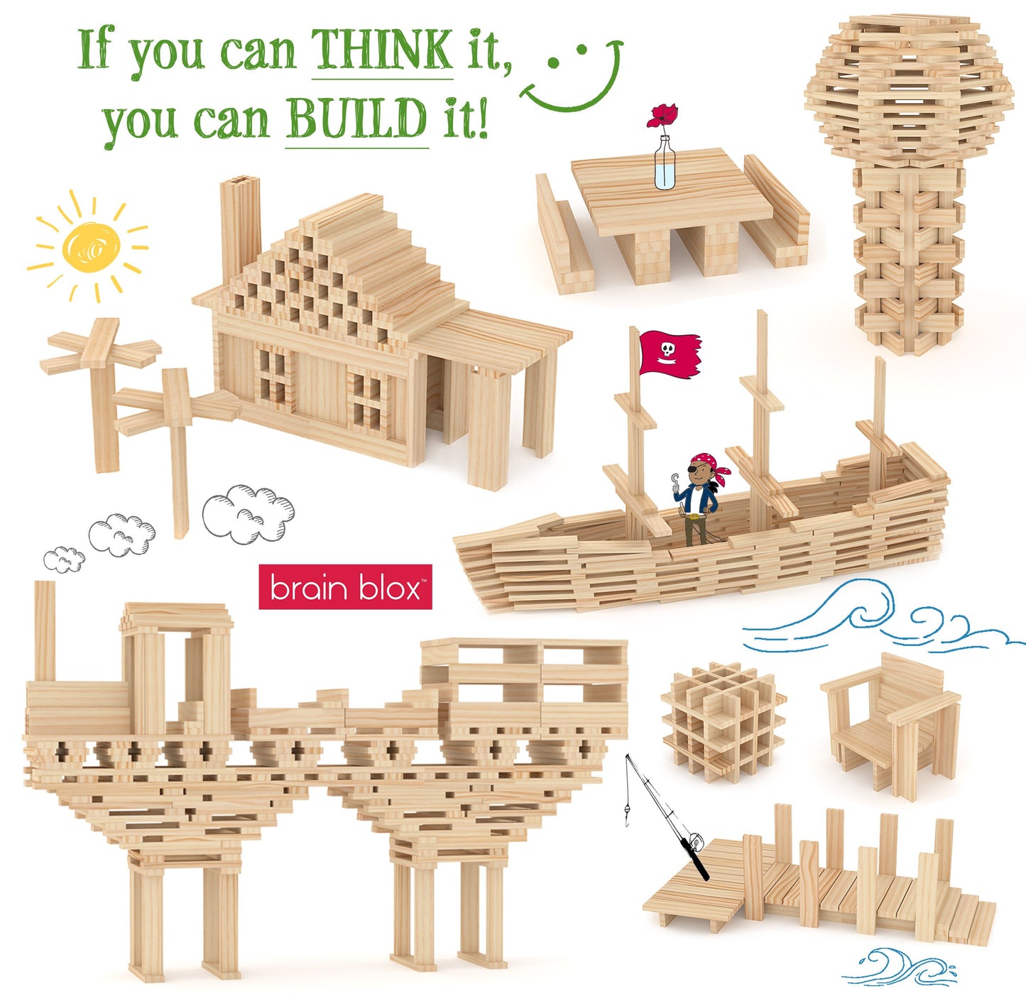Brain Blox Natural Wooden Blocks For Kids Ages 4-8 - Montessori Blocks For Hands-On Learning - Stem And Architecture For Kids (300 Building Blocks)