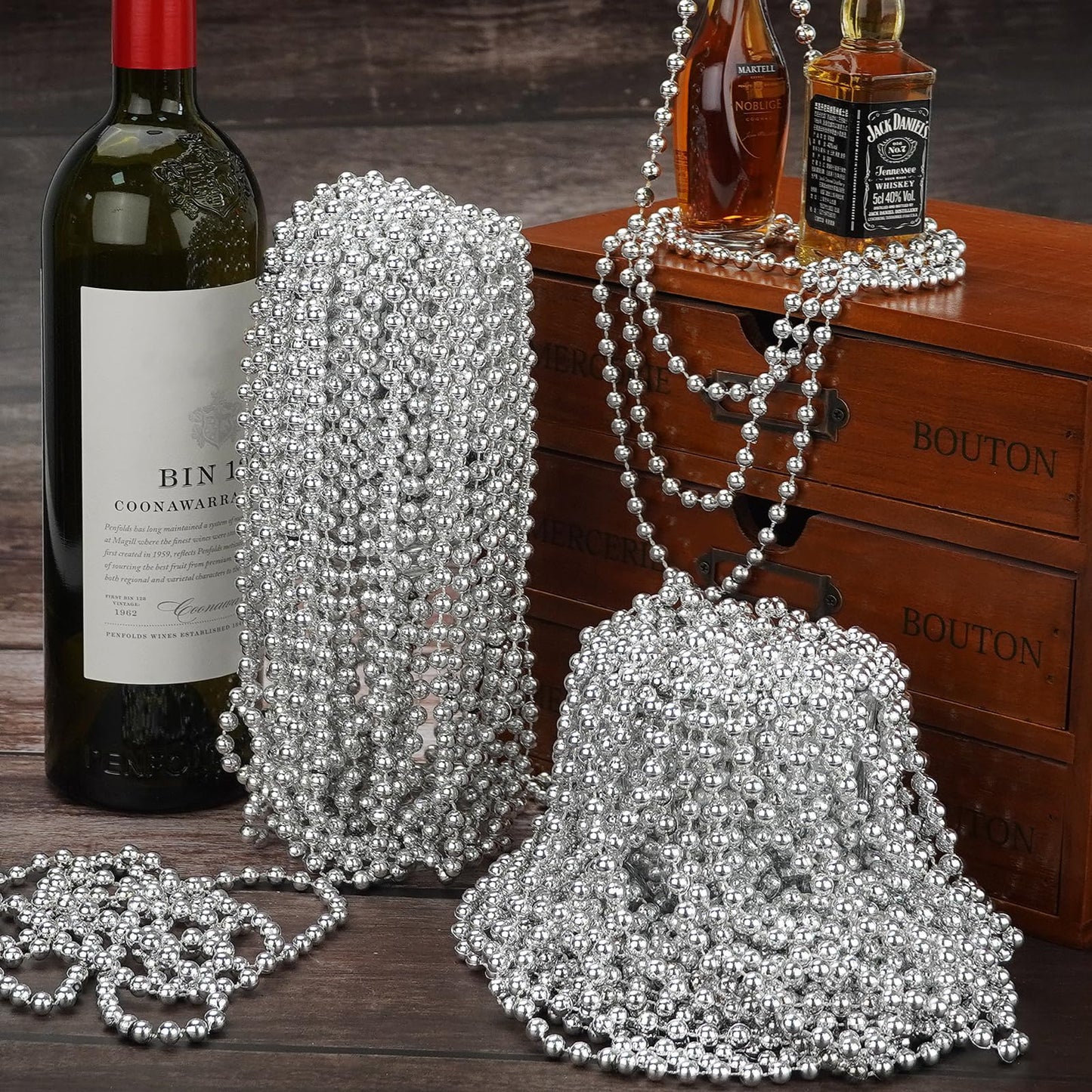 ZYFLSQ 100 Pcs 33'' 7mm Metallic Silver Beads Necklaces, Bulk Mardi Gras Beaded Necklaces, Party Beads Costume Necklaces