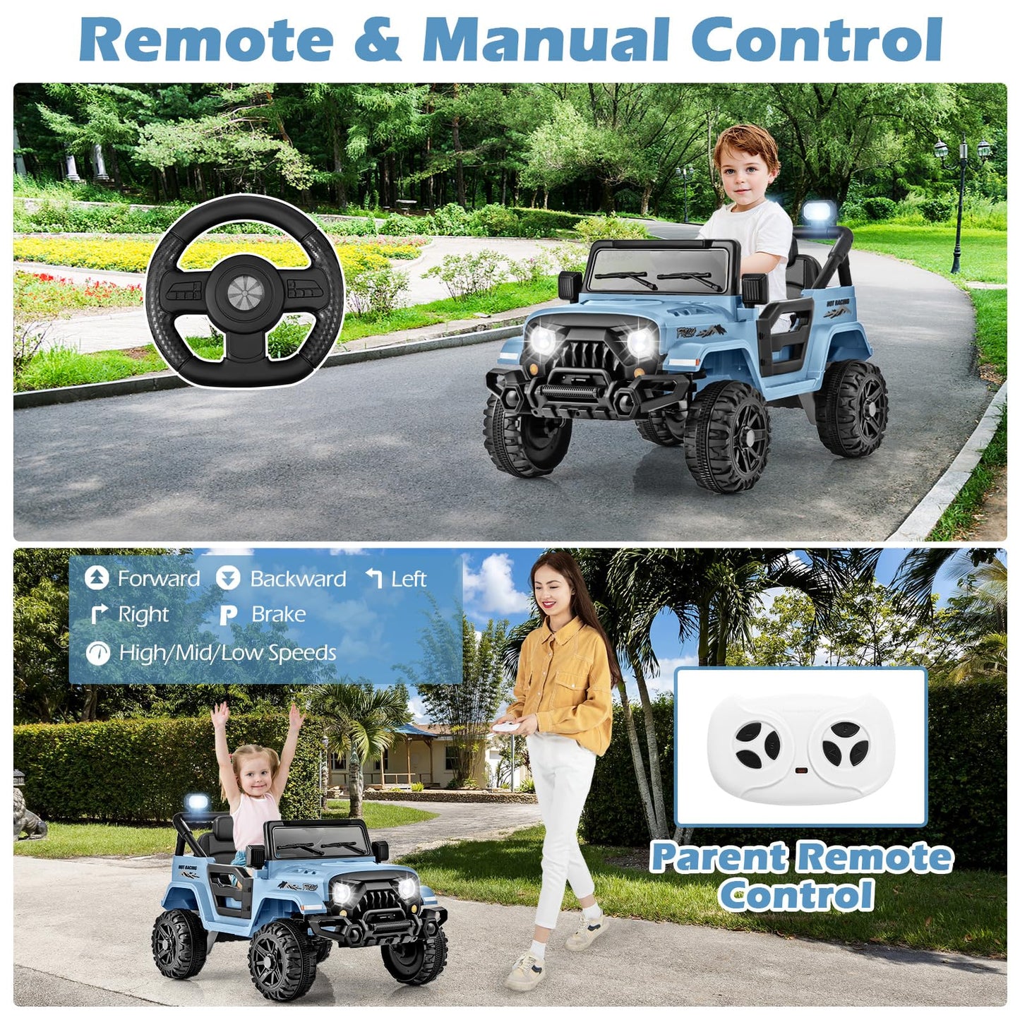 Olakids Ride On Truck, 12V Battery Powered Electric Vehicle For Kids With Remote Control, Bluetooth, Power Display, Led Lights, Music Player, Ride On Toy For 3+ Boys Girls (Blue)