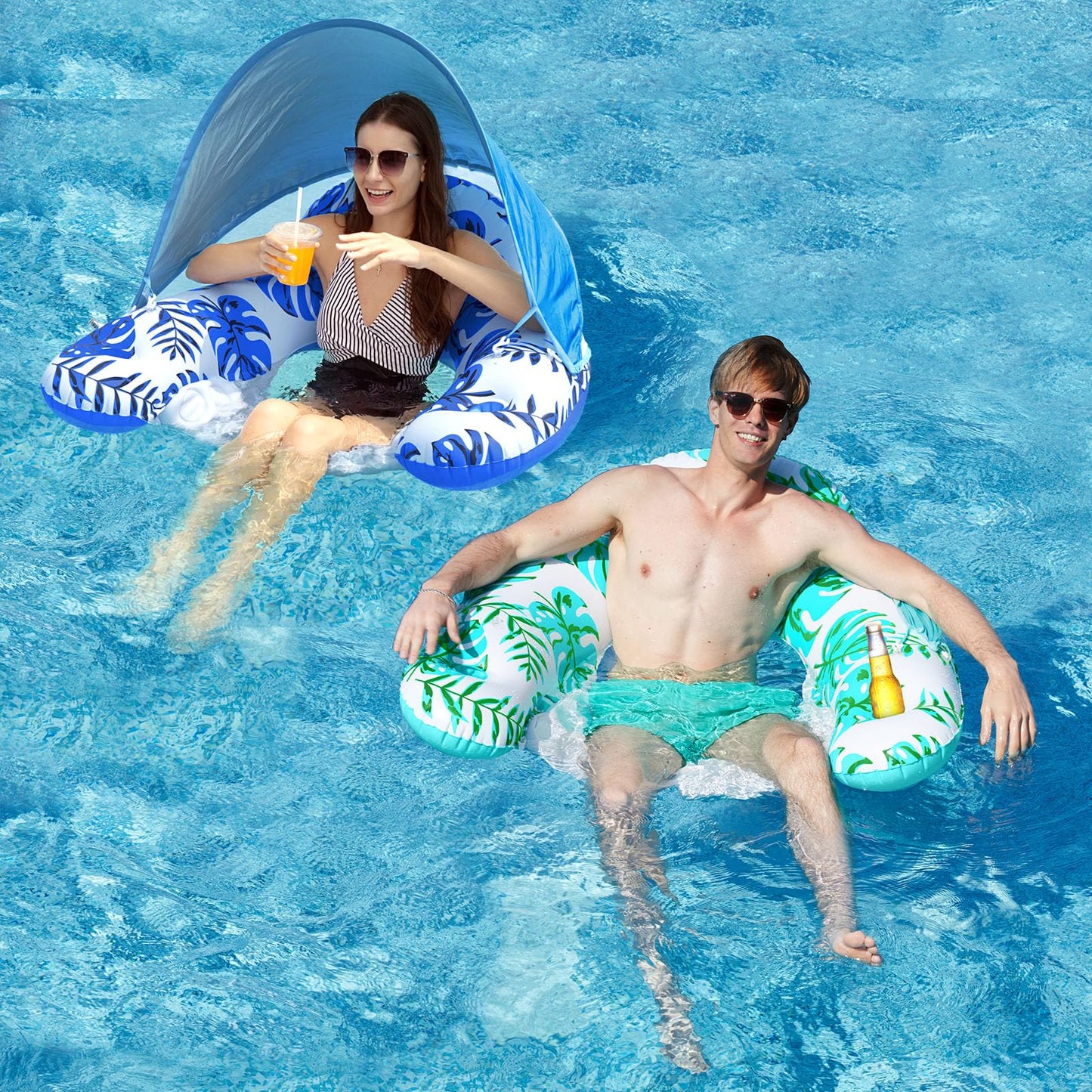 Calobana 2 Pack Pool Float Chair With Canopy Inflatable Pool Floats For Adults Adjustable Sunshade Cup Holder Ergonomic Headrest