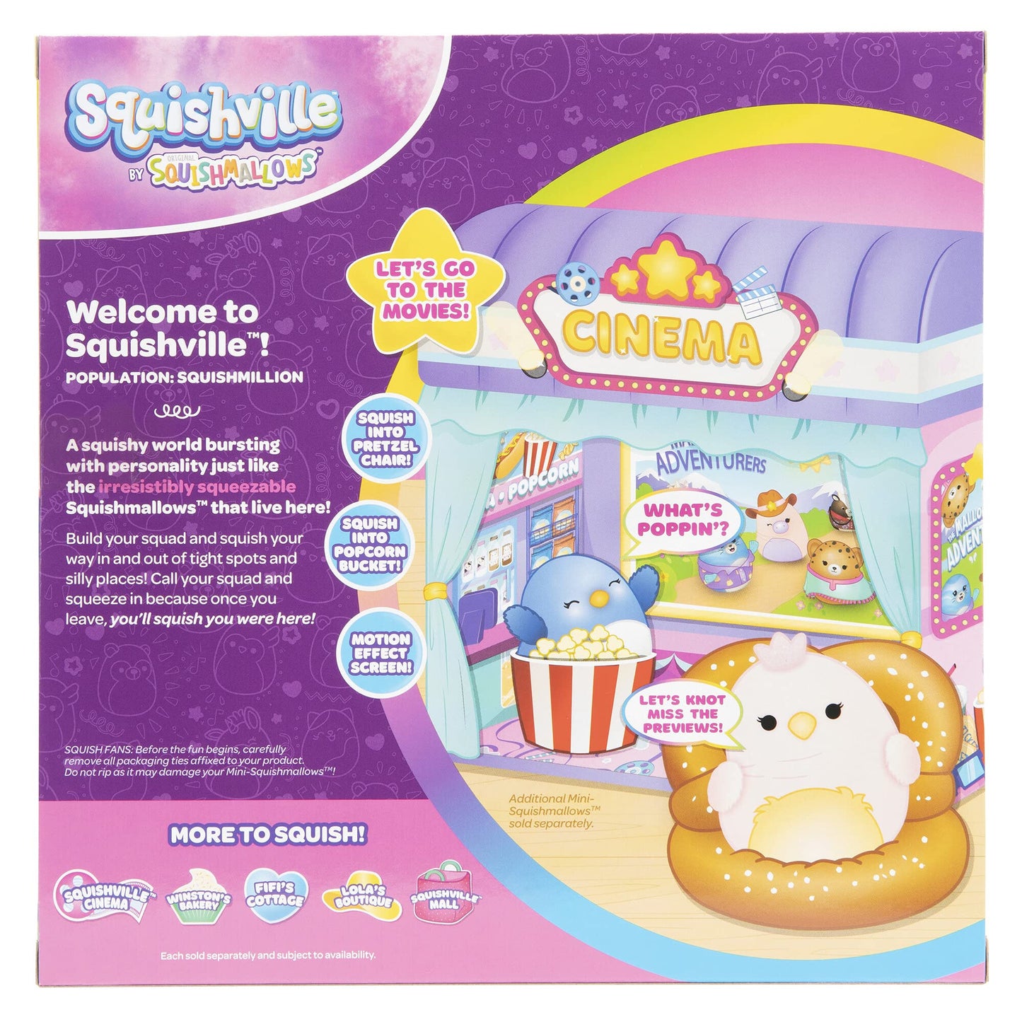 Squishville Mini-Squishmallows Cinema Playset - 2-Inch Plush, Multicolor, Includes Pretzel Chair & Popcorn Bucket, Model SQM0154