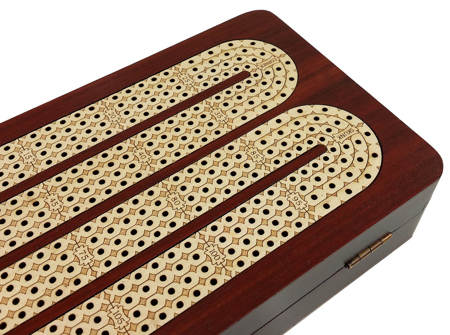 14' 4 Track Continuous Cribbage Board W/ Card Storage Maple Tracks On Bloodwood - Corner, Skunk & Games Won