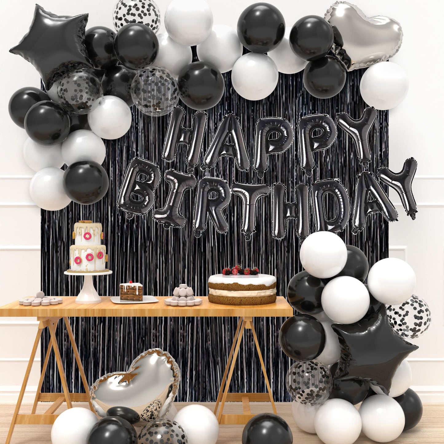 Joyypop Birthday Party Decorations Happy Birthday Balloons Banner With Black And White Balloons Set, Black Foil Fringe Curtain For Men Women Adults Birthday Party (Black)