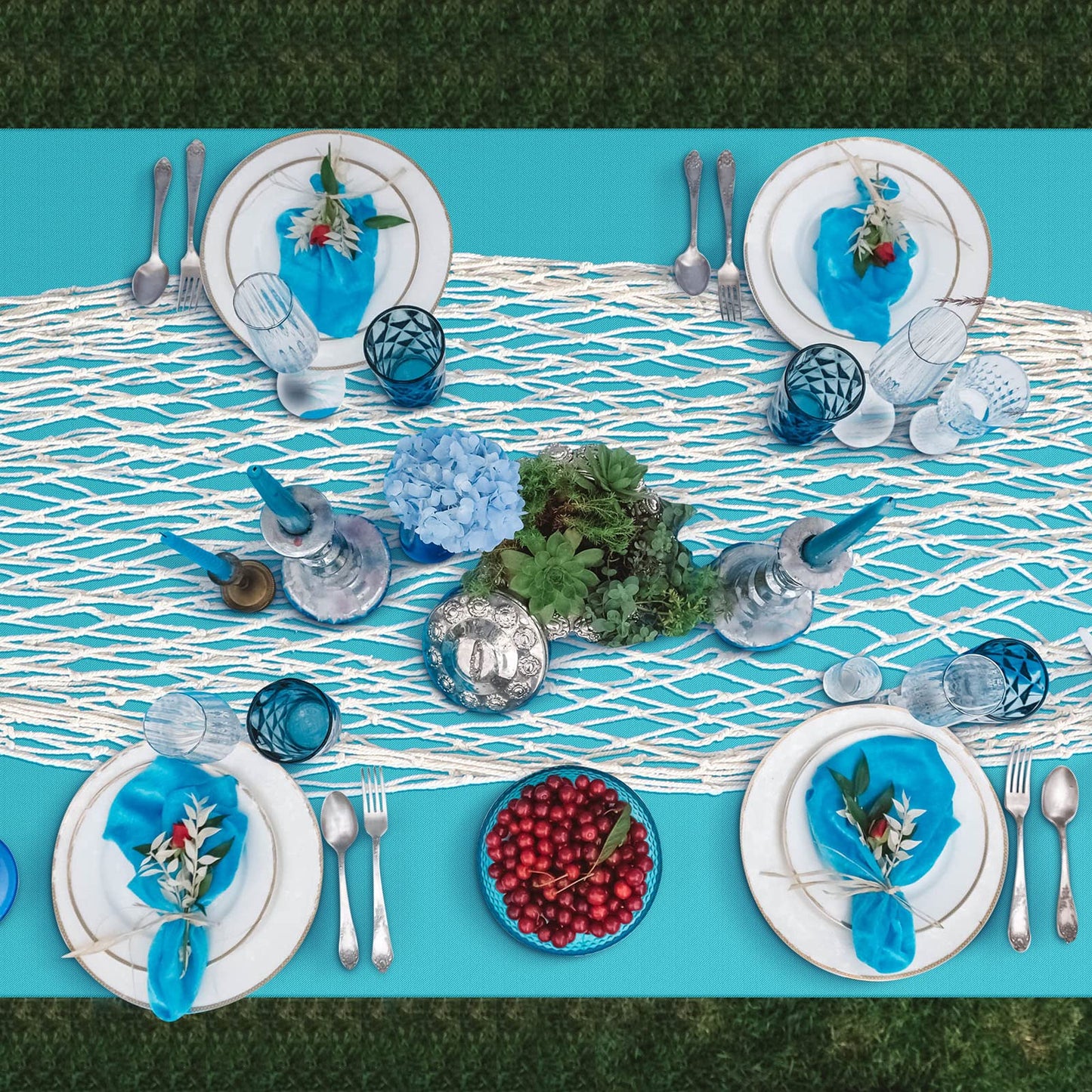 6 Pack Fish Net Decorative And Tablecloth Set, Cotton Fishnet And Plastic Table Cover Decorations Set For Nautical Themed Party