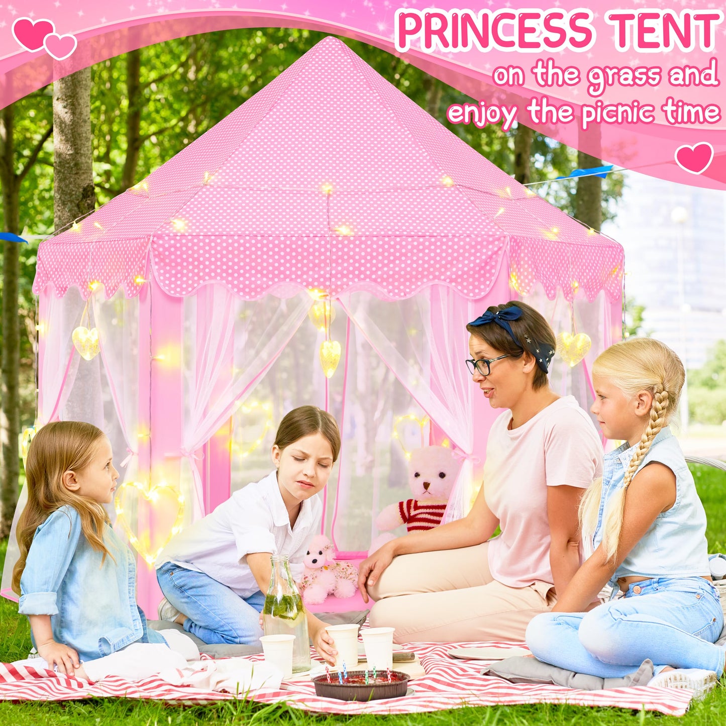 Evoionos Princess Tent For Girls, Kids Tent Indoor, Girls Tent With Large Love Lights, Pink Play Tent For Toddlers, Princess Cas