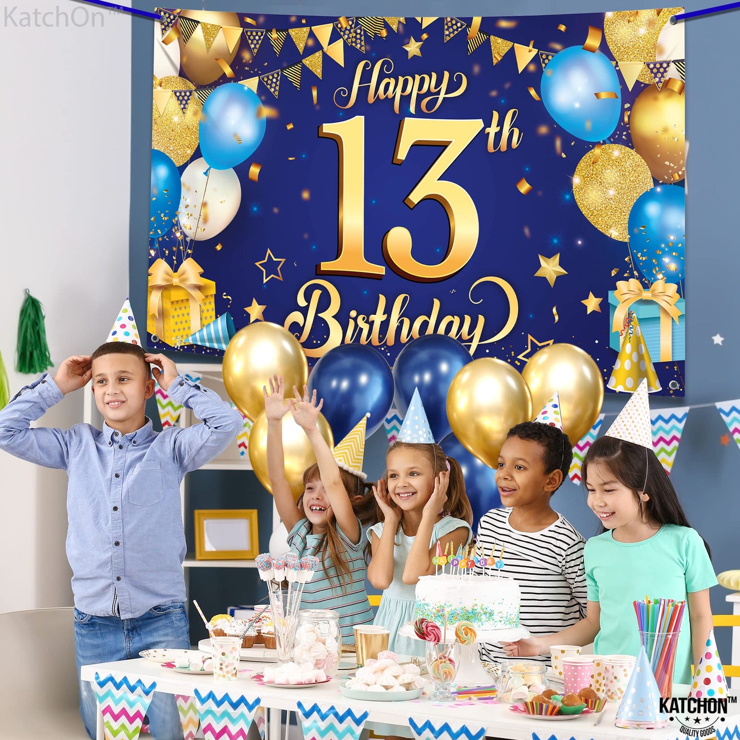 Katchon, Xtralarge Blue And Gold Happy 13Th Birthday Banner - 72X44 Inch | Blue Happy 13Th Birthday Backdrop, 13Th Birthday Decorations For Boys | Blue And Gold 13Th Birthday Party Decorations Boy