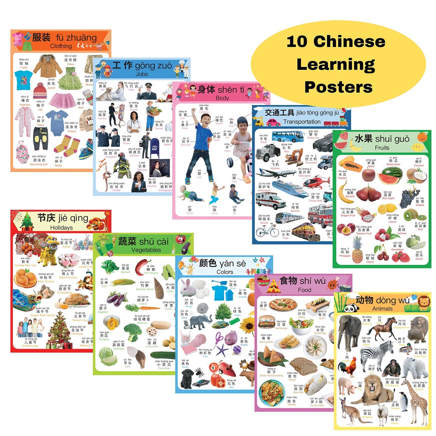 N/A/ Chinese Learning 10-Poster Set For Kids. Montessori-Inspired. Bilingual With Simplified Chinese, English, And Pinyin.