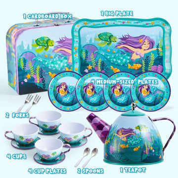JOYIN 35Pcs Mermaid Tea Party Set for Little Girls, Pretend Tin Teapot Set, Princess Tea Time Play Kitchen Toy with Dessert, Dou