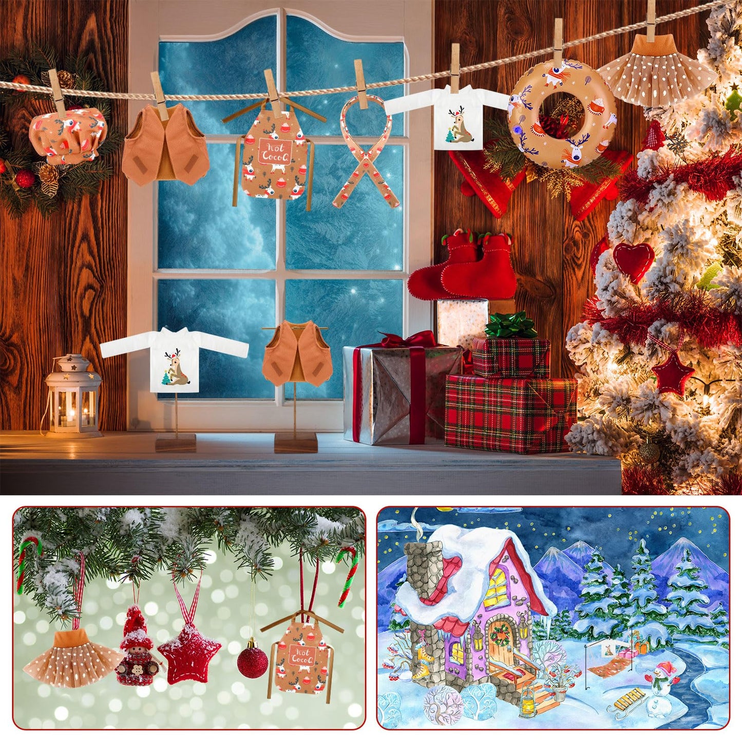 11 Pcs Christmas Elf Accessories Include Brown Elf Doll Sleeping Bag Apron Chef Hat Ear Muffs Scarf Top Shorts Vest Ski Ring Eye