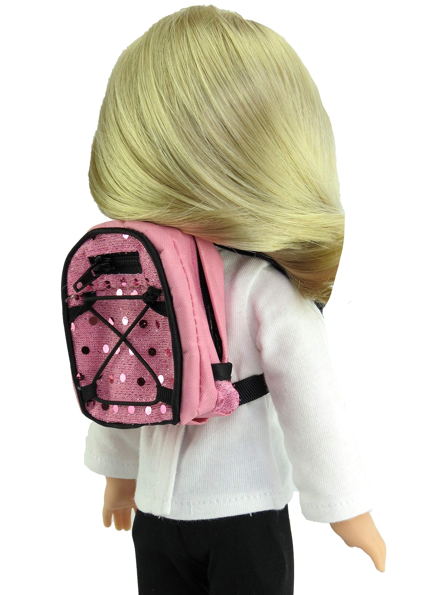 American Fashion World Doll Pink Sequin School Backpack for 14-Inch Dolls | enhanced Quality & Trendy Design | Dolls Accessories | Perfect Fit for Popular Brands