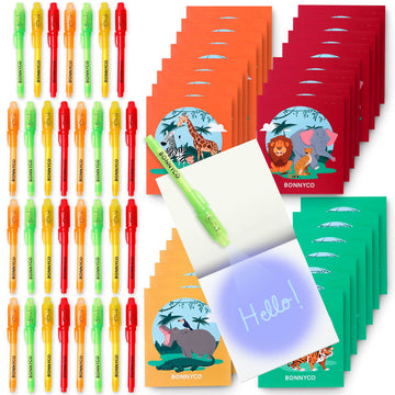 Bonnyco Invisible Ink Pen And Notebook Pack Of 32 Safari Party Favors For Kids | Spy Pen Jungle Party Favors, Animal Prizes For Kids | Magic Pen Jungle Theme Party Supplies, Prizes For Students