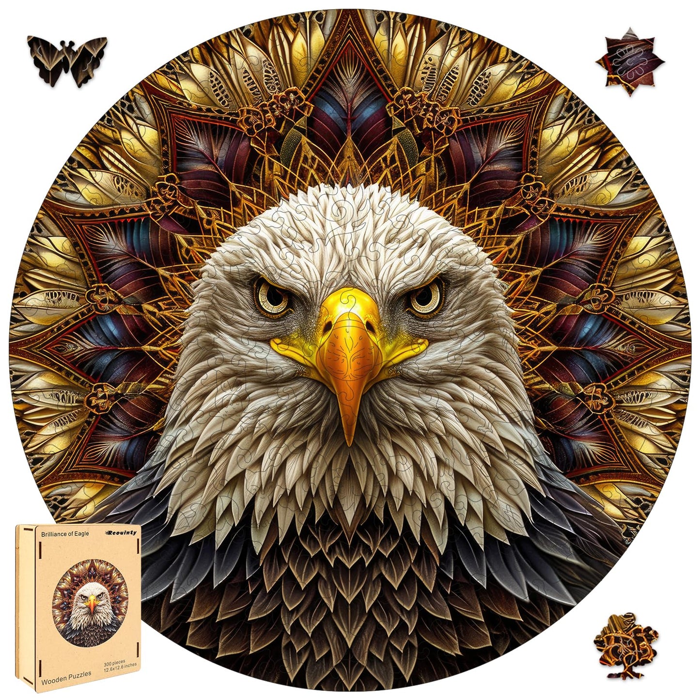 Bald Eagle Wooden Puzzle for Adults 500 Piece, Mandala Wooden Jigsaw Puzzles, Inspiring Puzzle, Beautiful Wooden Puzzle with Box