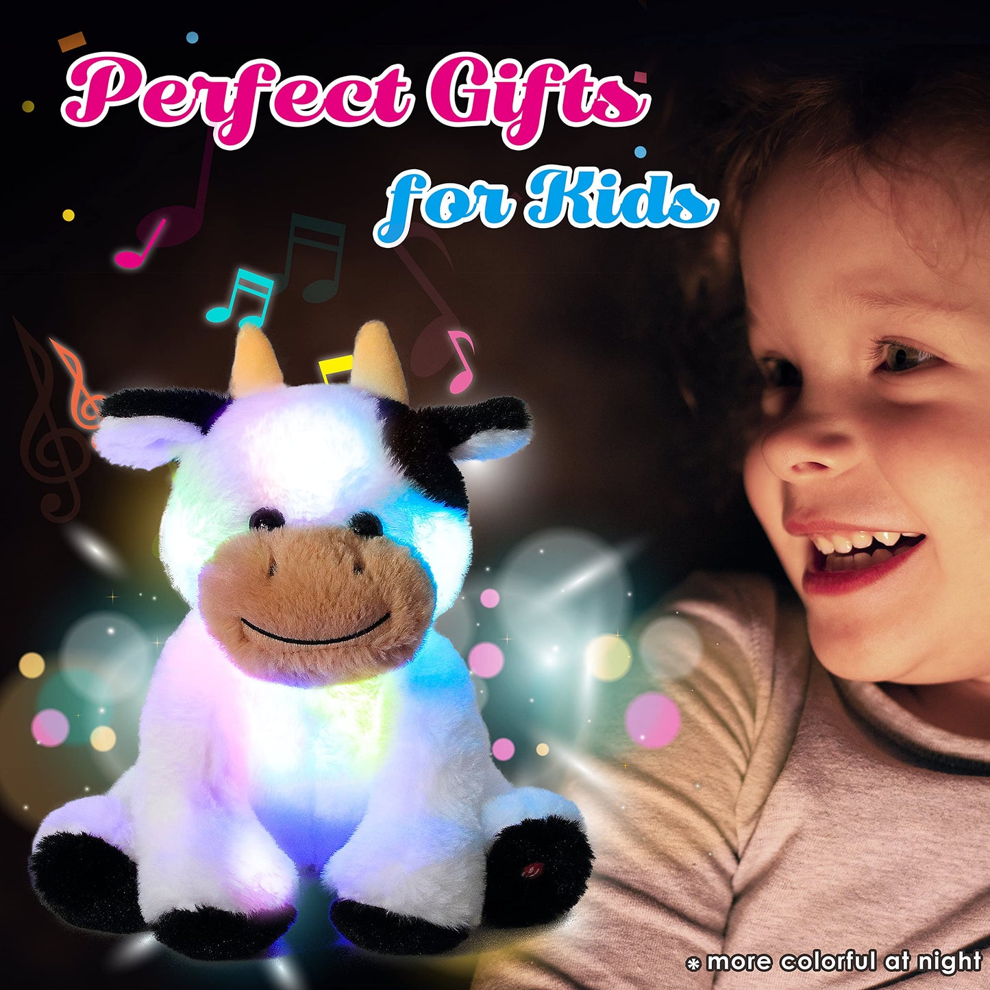 Cuteoy Musical Plush Cow Nightlight Toy - 10" Soft Cotton Stuffed Animal with LED Light & Lullabies for Kids - Perfect Gift for Boys & Girls