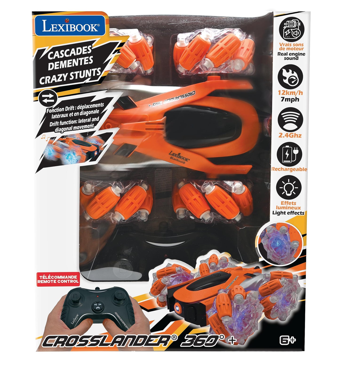 Lexibook - Crosslander Glow-in-The-Dark Radio Control car, Remote Control, Rechargeable, Electronic Action Game, Orange/Black, R