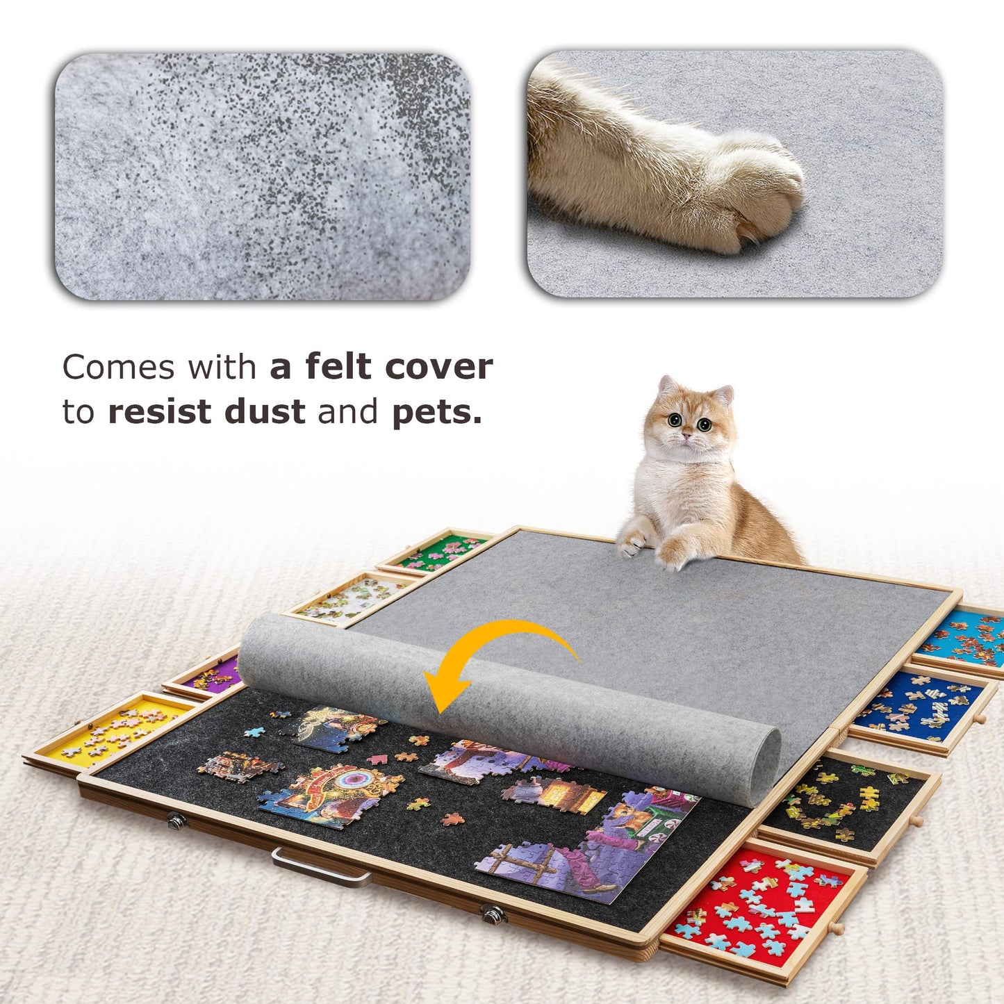 Tektalk Foldable Puzzle Board with Cover, 2000 Piece Capacity, Gray, MDF & Pine, Model WGPTB038, Includes 8 Sorting Trays