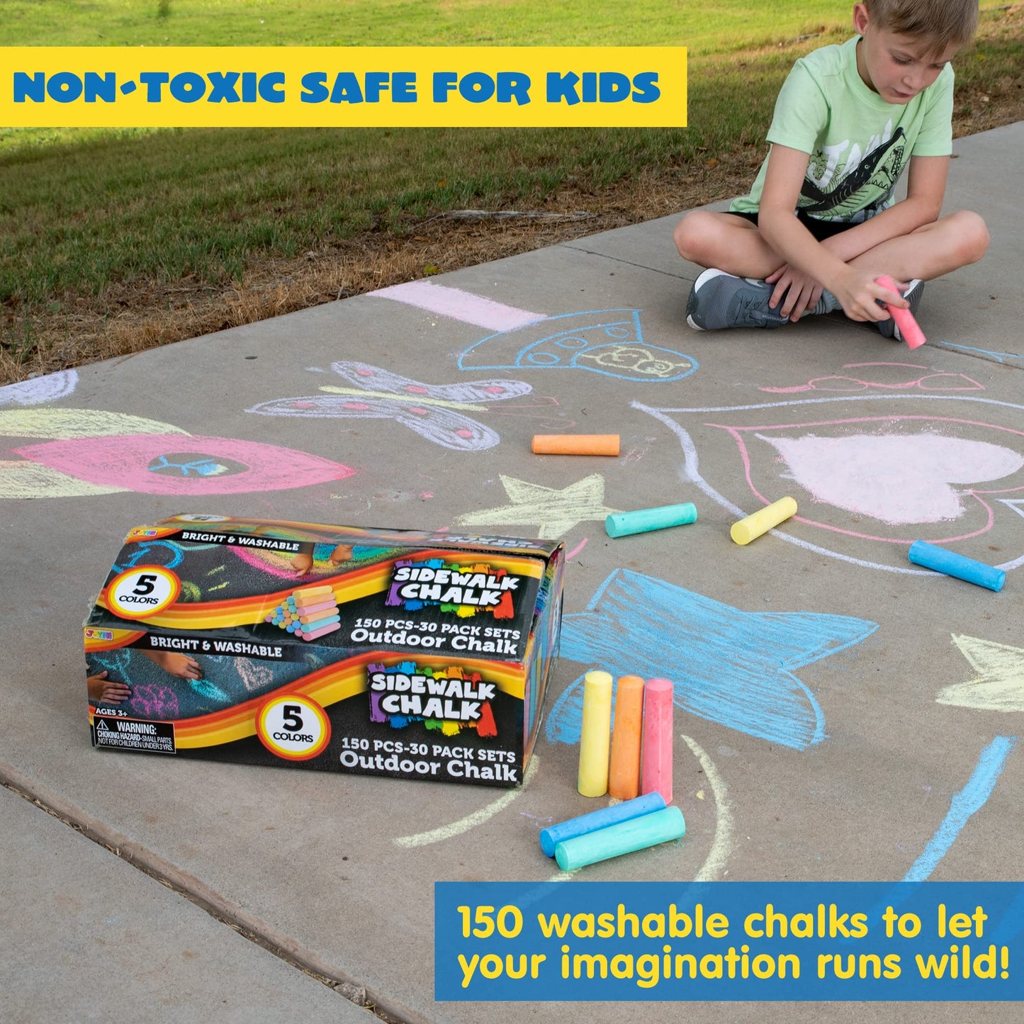 JOYIN 150 Pcs Sidewalk Chalk Set in 30 Packs, 5 Colors, Giant Box Non-Toxic Jumbo Washable Chalk for Outdoor Art Play, Painting